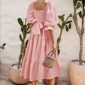 NWOT Smocked puff sleeved midi dress with bow tie sash in the back-Large